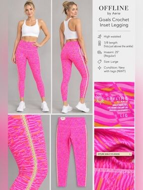 OFFLINE by Aerie Goals Crochet Inset 7/8 Leggings Pink Size L NWT